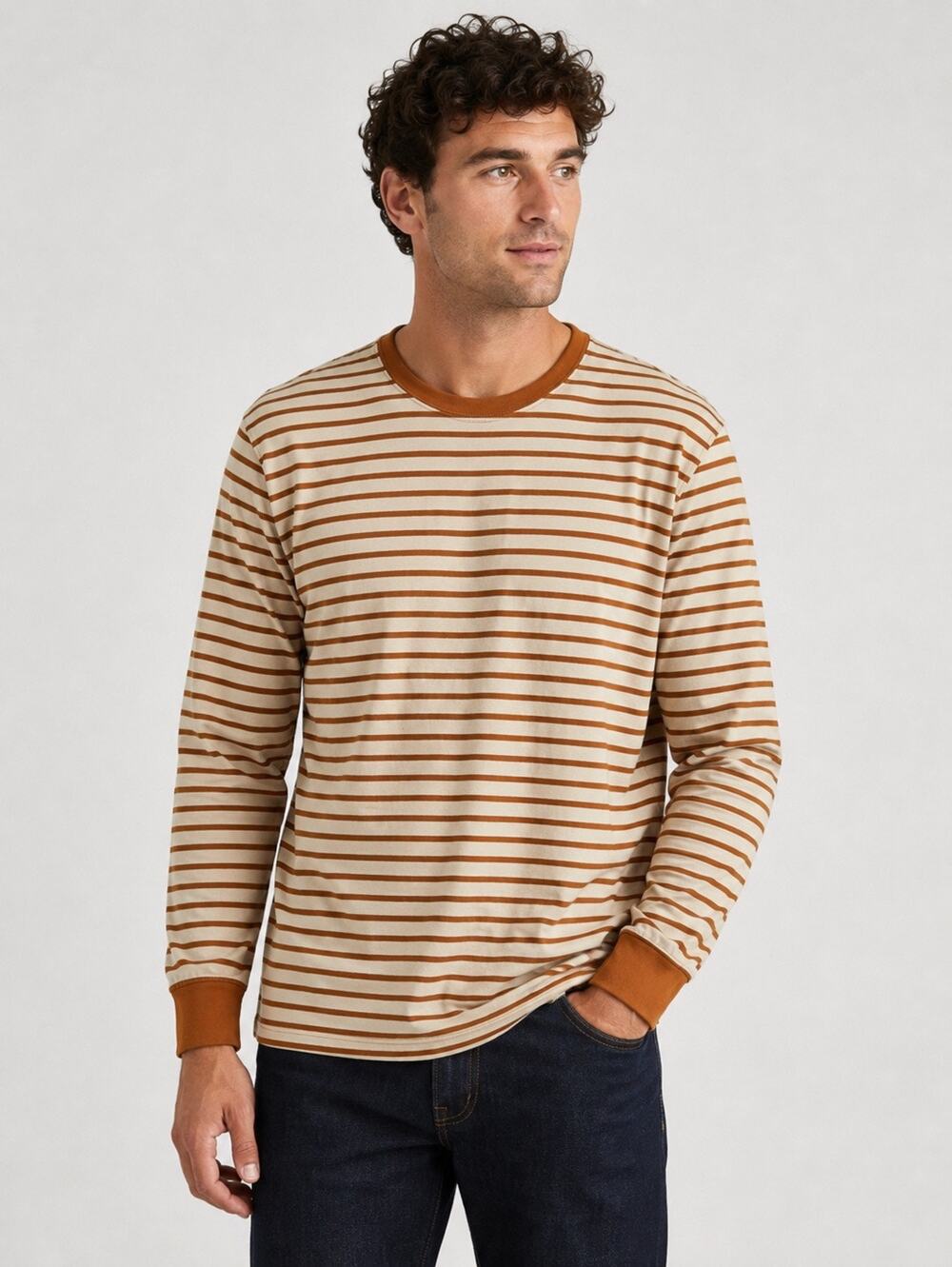 Banks Journal Tobacco Stripe 100% Organic Cotton Long Sleeve T-Shirt Sz L Surf